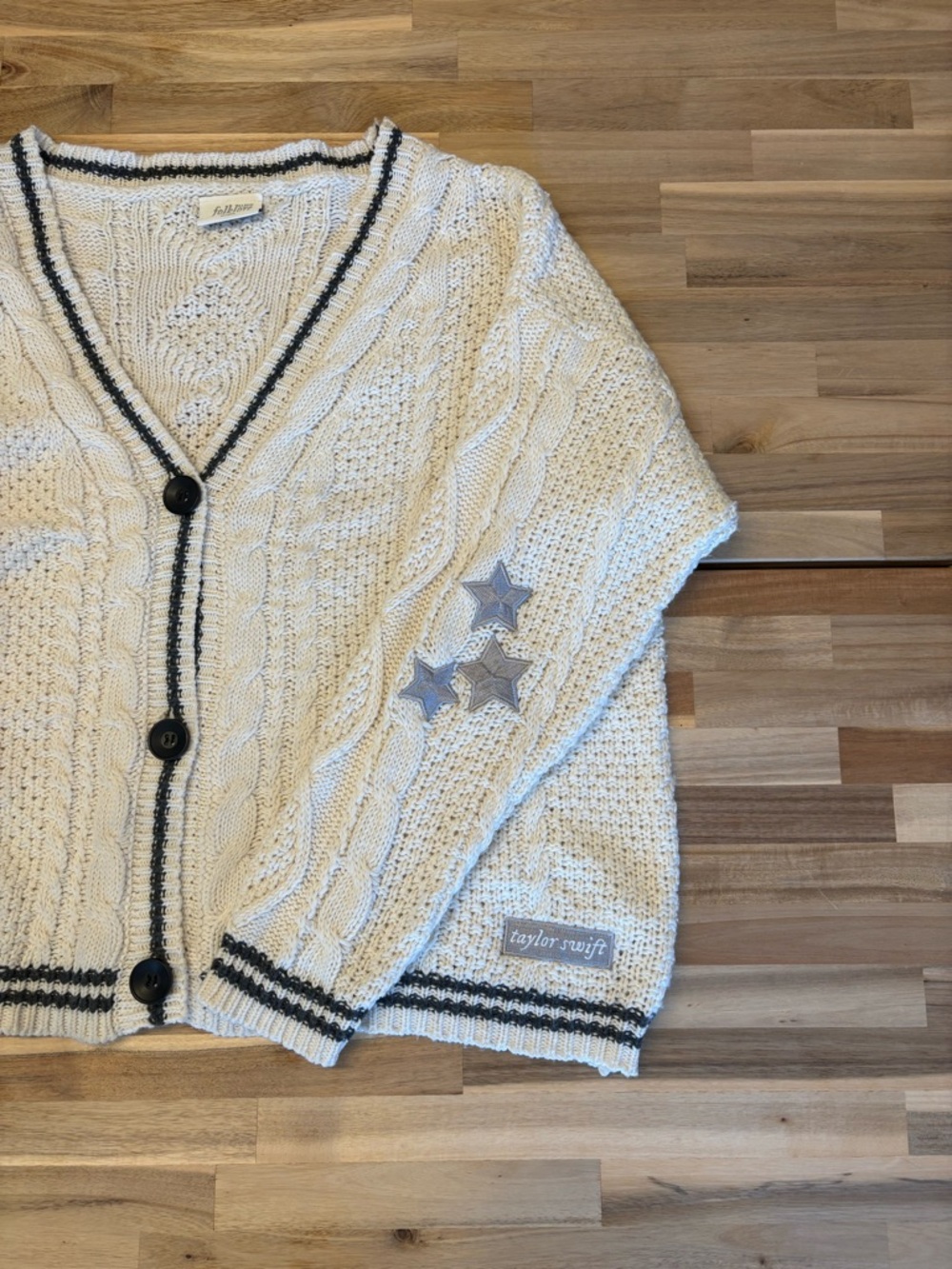 Taylor Swift Folklore Cream Cable Knit Cardigan with Black Trim and Star Elbows